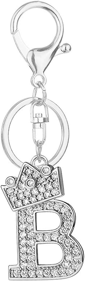 Initial Letter Crown Keychain Alloy 26 Alphabet Rhinestones Key Ring Bling Bling Pendant for Handbag Purse Charm(B, Silver Tone Letter)