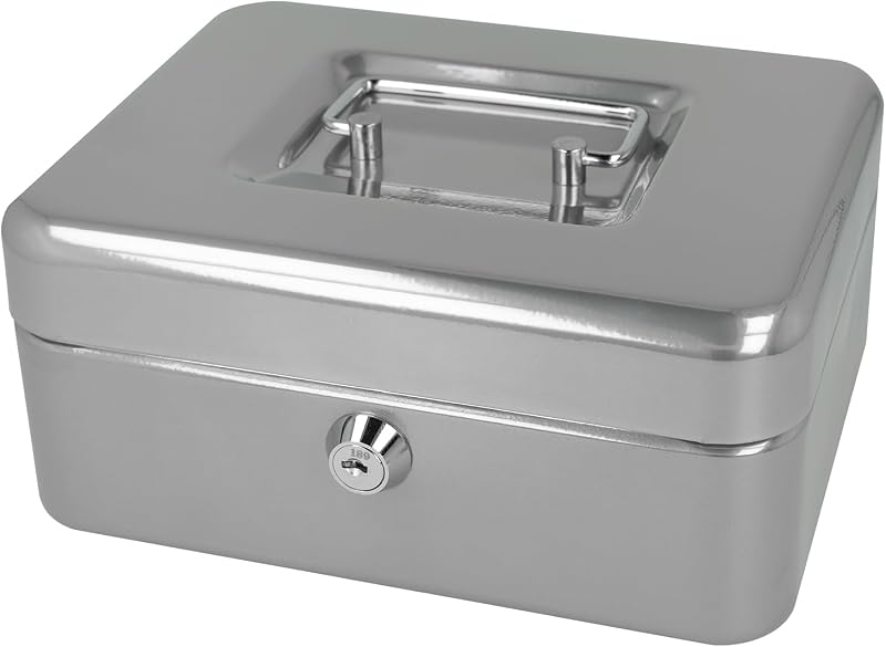 Westcott Lockable Cash Box 20 cm Steel 2 Keys Removable Tray Silver E-51001