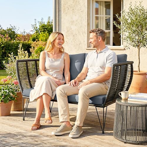 Outsunny 2 Seater Outdoor Sofa, PE Wicker Patio Outdoor Couch with Cushions, 660 LBS Capacity Small Patio Furniture Loveseat with Galvanized Steel Frame for Garden, Light Grey