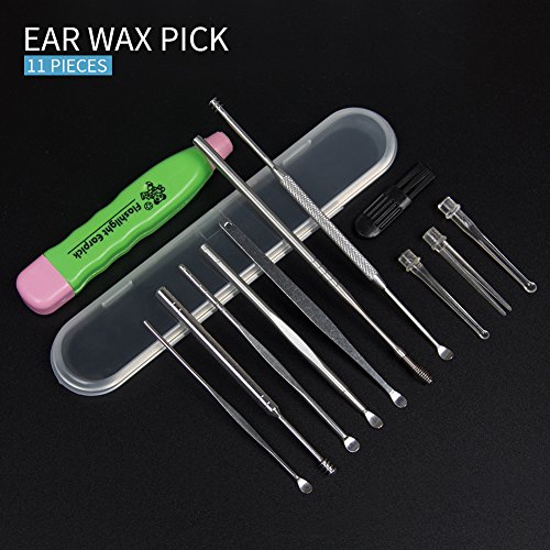 Earwax Pick Removal Tool 11 Pcs , HOOFUN Stainless Steel Ear Curette Kit Led Light Hygiene Care Sets With Storage Box