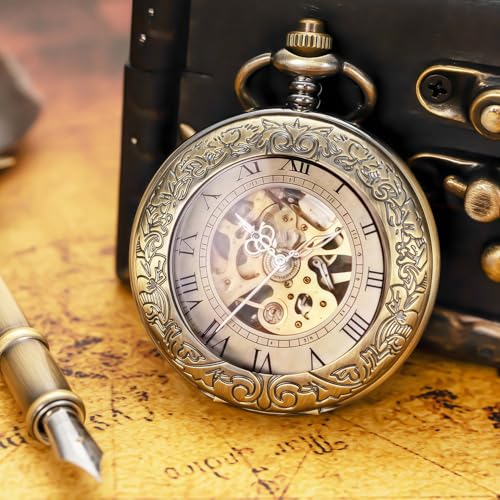 DerMacht Mechanical Pocket Watch, for Men Women Special Magnifier Half Hunter Engraved Case Roman Numerals with Chain