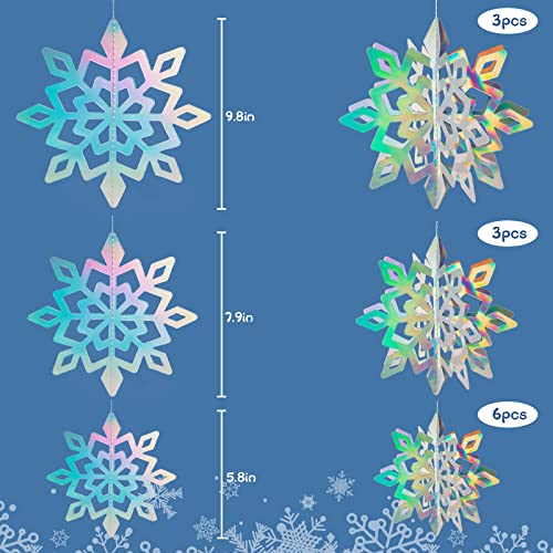 JOHOUSE 12PCS Paper Snowflake Decorations, 3D Iridescent Snowflake Garland Glittery Hanging Snowflake Ornaments for Winter Christmas Home Decorations