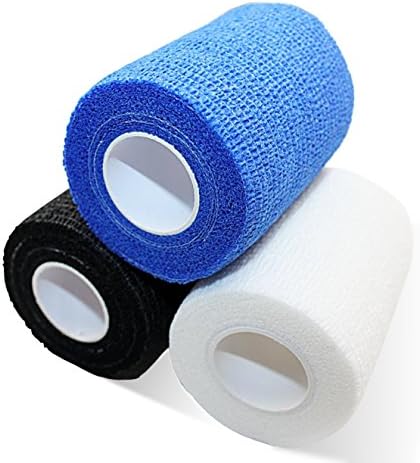 3 Pack Black White &amp; Blue Adherent Rolls - 3" x 5 Yards FDA Approved Self Adhesive Bandage Wraps With Three 3" x 3" Sterile Gauze Pads For Pets, Sports, First-Aid Medical Injury Treatment &amp; Support