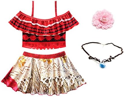 Baby Girls Princess Moana Swimsuit Necklace and Headwear One Piece Off Shoulder Bikini Set For Cosplay Costumes (110/5-6Y, Red 02)