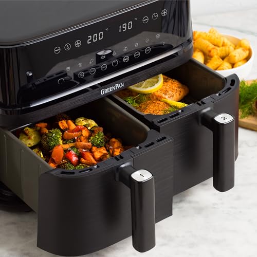 GreenPan Switch Horno Air Fry XL 9 en 1, 2 cestas para freír (2 x 5 L), cesta antiadherente, calentamiento rápido, programas multifunción, apagado automático, pantalla LED, mango tacto frío, Sin PFAS