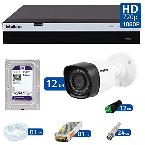 Kit 12 Câmeras de Segurança Full Hd 1080p Vhd 1220b Ir + Dvr Intelbras Full Hd + Hd Wd Purple 1tb + Acessórios