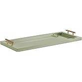 Kate and Laurel Halsey Rectangle Decorative Narrow Tray with Gold Metal Handles, 24 x 10, Green and Gold, Modern Glam Slim Serving Tray with Handles for Living Room Decor