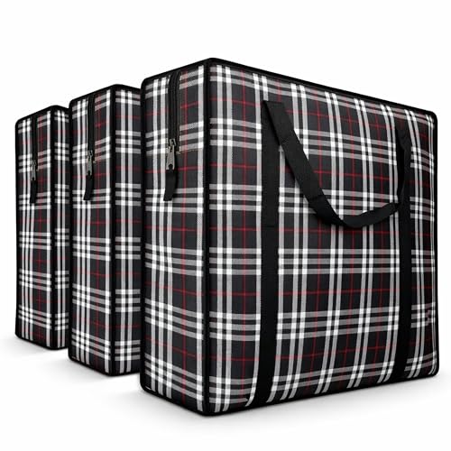82L Extra Large JUMBO 190 GSM Oxford Fabric Waterproof Storage Bags with Zipper & Strong Handles – Heavy Duty Reusable for Moving, Laundry & Bedding (3 PCS BLACK)
