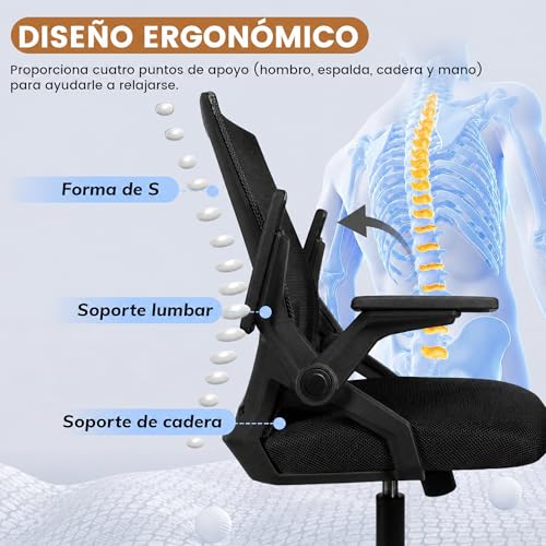 VIDITA Silla Escritorio con Respaldo de Malla Transpirable Color Negro | Silla de Oficina ergonómica-Cojín relleno de látex Ajustable Reposabrazos Sillas Ergonómicas para Escritorio Home Office