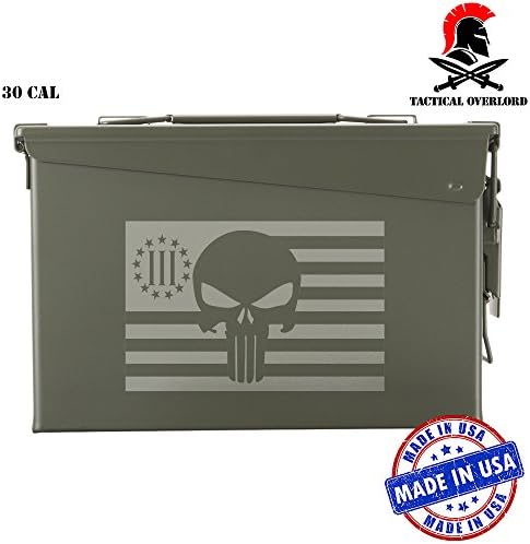 Tactical Overlord Metal Ammo Can Waterproof Hunting Fishing Ammunition Storage with US Punisher Three Percenter Laser Engraving, 30 Cal
