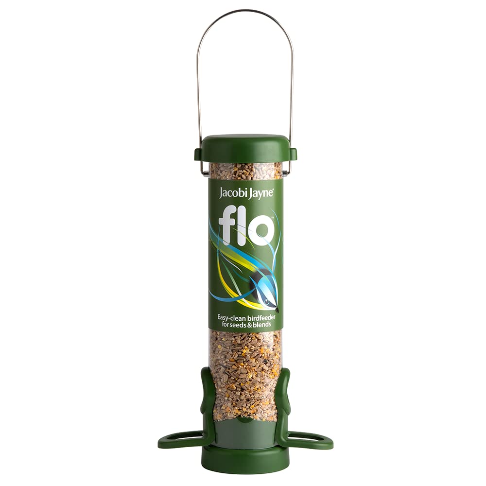 Jacobi Jayne® flo™ Bird Feeder - Bird feeders for small birds. Easy clean bird seed feeder. Won't clog or block. Flo™ hanging bird feeder for wild bird seed. 2 YEAR GUARANTEE. Classic green, small.