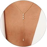 VRIUA Gold Necklace for Women, Dainty Gold Necklace 14K Gold Plated Lariat Pearl Y-Shaped Necklace Layered Bead Chain Diamond Drop Necklaces Minimalist Jewelry for Women