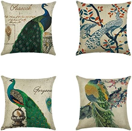 Throw Pillow Cover 18x18" Set of 4- QISHOP Linen Cotton Blend Decorative Design Zippered Sofa Home Decor(Peacock)
