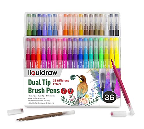 Liquidraw Dual Tip Brush Pens Fineliner Colouring Set Fineliners Coloured Watercolour Markers In Case For Adult Colouring Books, Sketching, Painting, Calligraphy, Drawing & Lettering (36)