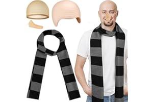 4Pcs Halloween Costume Accessories Adult, Men's Cosplay Set of Black Gray Striped Scarf Fake Nose Latex Bald Head， Halloween 