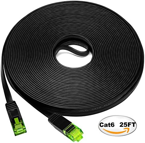 Cat6 Ethernet Cable 25ft Flat, iTLTL Network Cable Slim Internet Patch Lan Wire Pure Copper with Green Snagless RJ45 Connectors - 25 feet Black