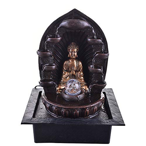 Chronikle Buddha Polystone 5 Steps Indoor Table Top Water Fountain With Led Lights Water Pump And Crystal Ball Brown Golden 40cm X 31cm X 23cm