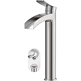 Phiestina Brushed Nickel Tall Bathroom Vessel Sink Faucet, Single Hole Single Handle Waterfall Modern Above Countertop Sink Bathroom Faucet, with Pop Up Drain and Water Supply Line, NS-SF01-BN-V