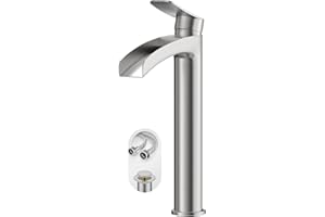Phiestina Brushed Nickel Tall Bathroom Vessel Sink Faucet, Single Hole Single Handle Waterfall Modern Above Countertop Sink Bathroom Faucet, with Pop Up Drain and Water Supply Line, NS-SF01-BN-V