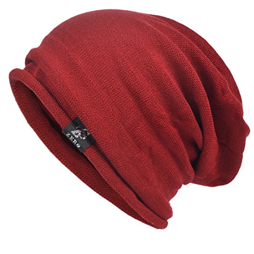 Men's Cool Cotton Beanie Slouch Skull Cap Long Baggy Hip-hop Winter Summer Hat (Roll-Red)