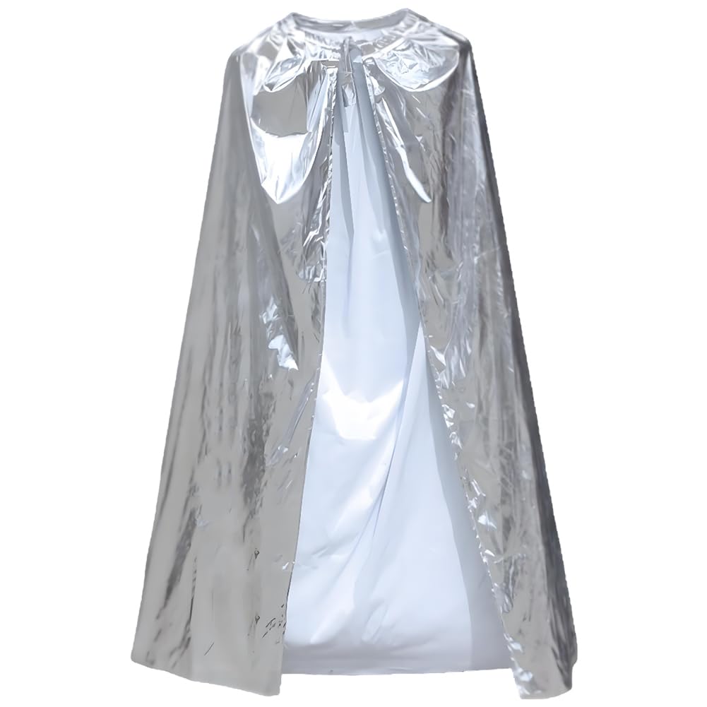 CABODYALS Silver Halloween Costume Cape Adult Shiny Costumes King Royal Queen Capes Poncho Soild Metallic Cosplay Polyester Cloak Robe for Women Man Party Christmas Celebrations Performances Accessory