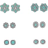Blue Drop 6 Pairs Turquoise Earrings Geometric Oval Round Flower Cowboy Cowgirl Western Earrings for Women Vintage Ethnic Boho Jewelry