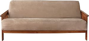SureFit Home Décor Soft Suede and Sherpa Futon Slipcover, Form Fit, Polyester, Machine Washable, One Piece, Taupe Color