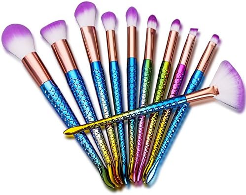 Multi-color Mermaid Makeup Brushes Set 10pcs with Soft Bristles Face Foundation Blush Concealer Contouring Eyeshadow Fan Bevel Brush Kit
