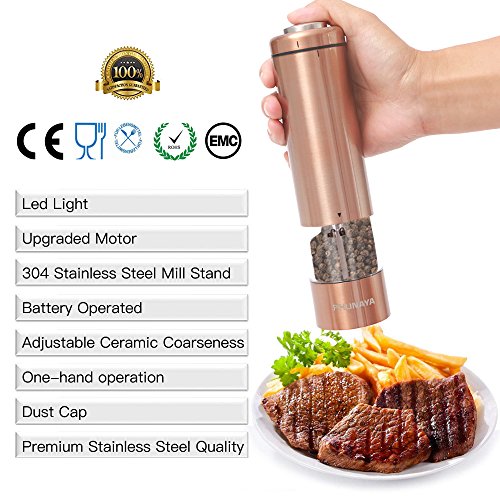 Phunaya Electric Salt and Pepper Grinder Set With Upgraded Motor | Complimentary 304 Stainless Steel Mill Stand | LED Light |Battery Operated | Adjustable Ceramic Coarseness |set of 2