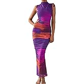 PRETTYGARDEN Women's Summer Maxi Floral Dresses Ruched Bodycon Sleeveless Mesh Formal Wedding Guest Cocktail Split Long Dress