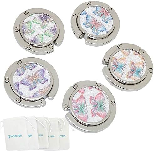 ROFLYER Purse Hook Set of 5 - Various Color Butterfly Foldable Handbag Hanger Safer Cleaner Bag, Fold Up For Easy Storage,Folding Table Hanger, with Velvet Pouch