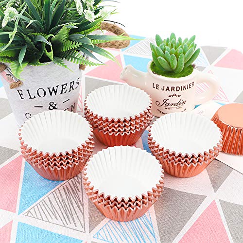 BAKHUK 330pcs Standard Rose Gold Cupcake Liners and Heart Cupcake Toppers, Foil Cupcake Wrappers for Baby Shower Wedding Party Decoration
