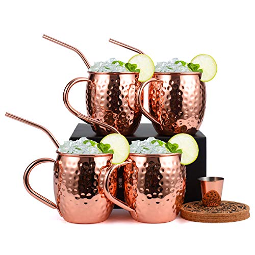 Eligara Moscow Mule Kupferbecher-Set, handgefertigt, lebensmittelecht, Kupferbecher für Moscow Mule Cocktail, 473 ml, Geschenk-Set mit 1 Schnapsglas, 4 Strohhalmen und 4 Untersetzern, 4 Stück – Bild 2