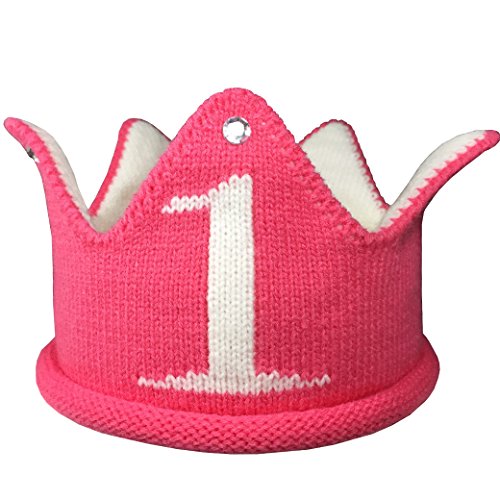 Lujuny Knit 1st Birthday Hat - Happy Baby Crown Headband Cap for Party Costume Photoshoot (ROSE RED)