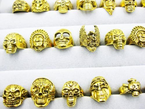 (20 Pcs) Fashion OverSize Gothic Skull Carved Biker Mixed Styles lots Men's Gold Rings