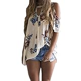 WLLW Women Cut Out V Neck Short Sleeve Cold Shoulder Floral Tops Shirt Blouse, Multi/Cream, XL