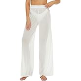 RUEWEY Women See Throug Mesh Flare Cover up Pants Swimsuit Bikini Bottom Cover up Elastic Waist Wide Leg Palazzo Trousers