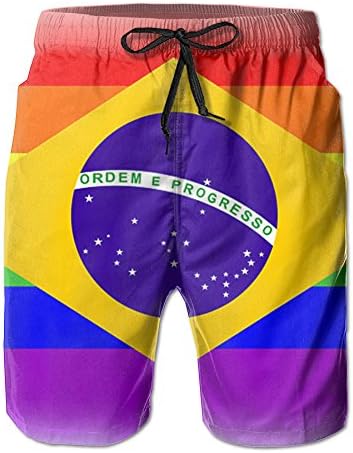 MYKJ LGBT Brazil Flag Summer Casual Breathable Board Shorts Swim Trunks Drawstring Striped Side Pockets