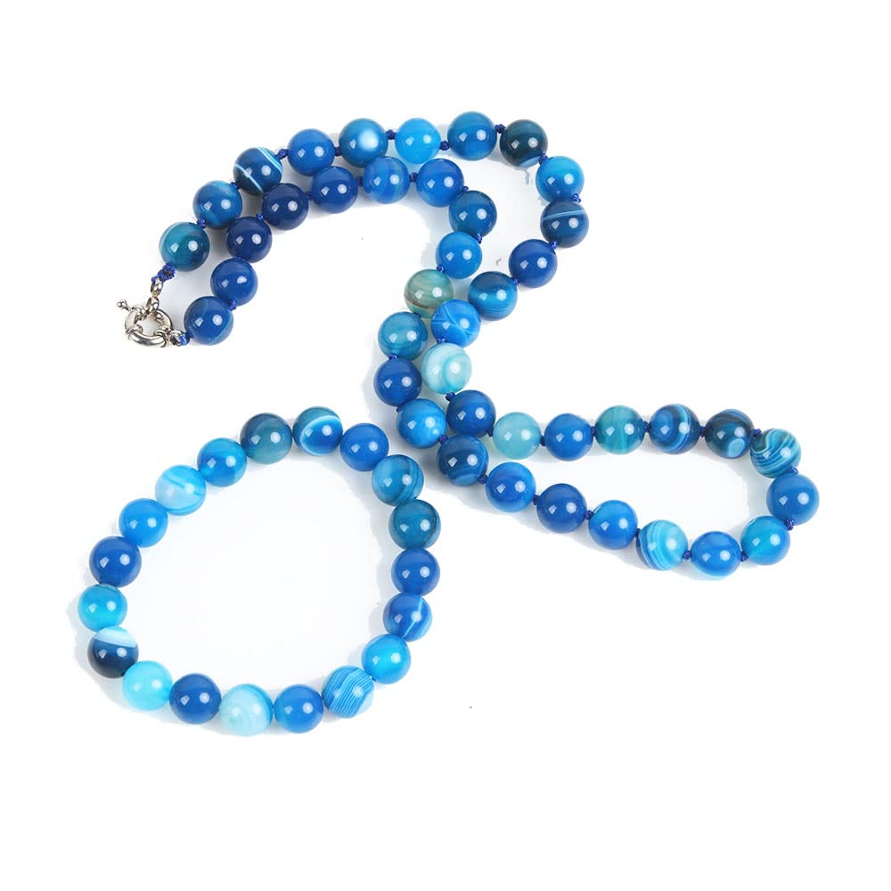 Treasure Bay Women's Necklace Jewellery Set | Stunning 10mm Natural Gemstone Beaded Necklace Bracelet (Blue Agate)