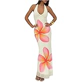 Milumia Women's Floral Print Deep V Neck Halter Dress Tie Backless Mesh Bodycon Maxi Skirts