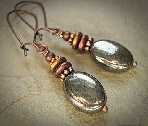 Copper Earrings, Western Style, Natural Pyrite Gemstone, Locking Hooks