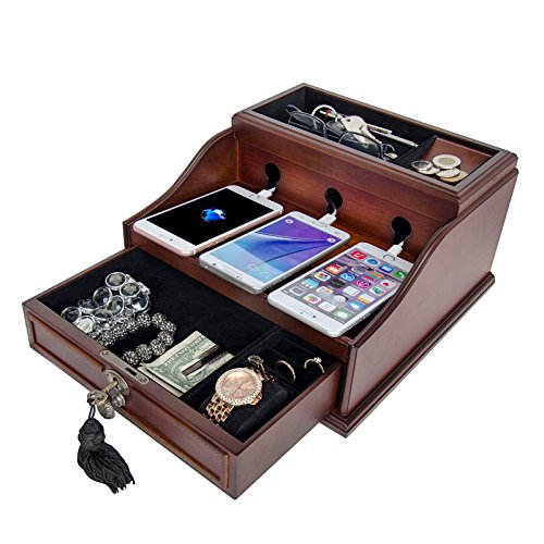 Arolly Wood Finish Valet Charging Station Multi Device Cord Organizer