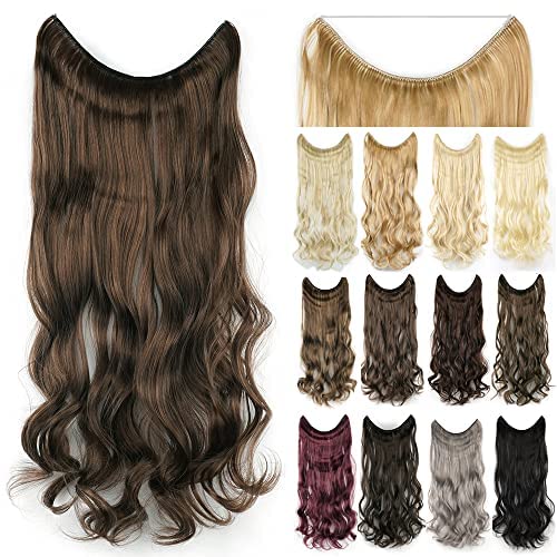 IMISSU 22'' 26'' Long Body Wavy Hair Extensions Fish Line Hairpiece Synthetic Invisible Secret Wire Headwear Flip Curly Hair Extension Pieces (26 Inch,Light Mixed Brown)