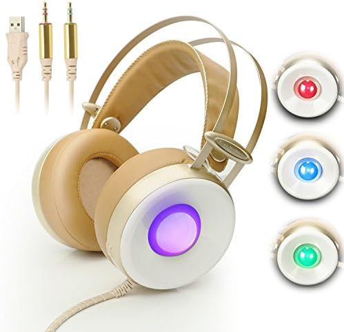 Hotyet Newest PlayStation 4 Xbox One PC Gaming Headset with Microphone clearly: Sound Clarity,Noise isolating ,LED lights,Soft&amp;Comfy ear-pads,Y-Splitter for Laptops,Tablet,Smartphones (Gold)