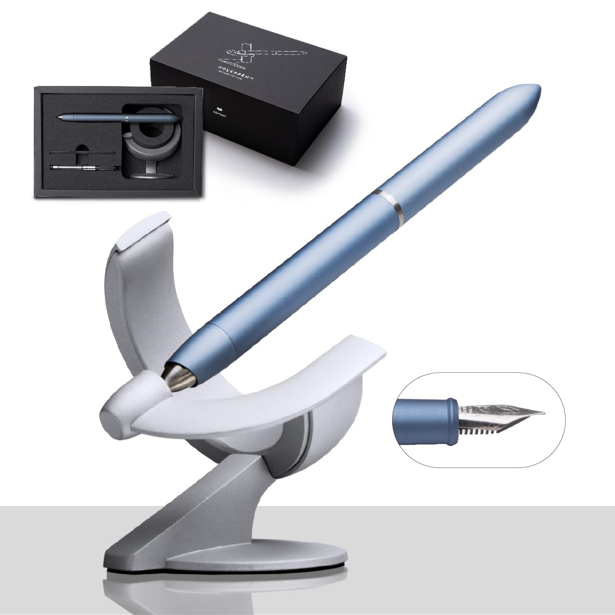 novium Hoverpen Future Edition - Fountain Pen Made of Metal, Fine Nib, Futuristic Aesthetic, Desk Luxury Pen, Free Spinning Executive Pen, Signing Pen, Gifts for Men & Women (Mist Blue)
