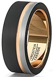 Mens Wedding Band 8mm Black White Brushed Tungsten Ring Thin Side Rose Gold Groove Flat Edge Comfort Fit