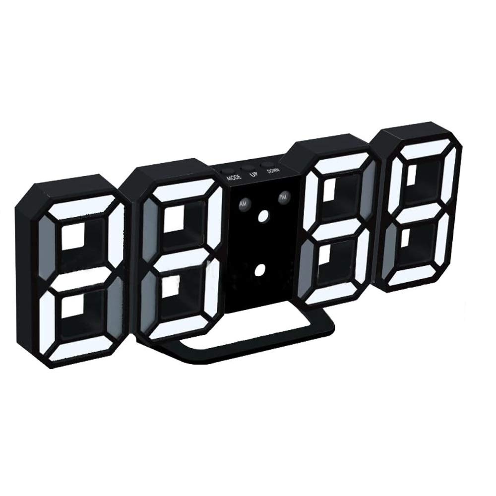 DollaTek 3D LED Digital Alarm Clock with 3 Adjustable Brightness Levels Dimmable Nightlight Snooze Function for Home Kitchen Office - Black and White