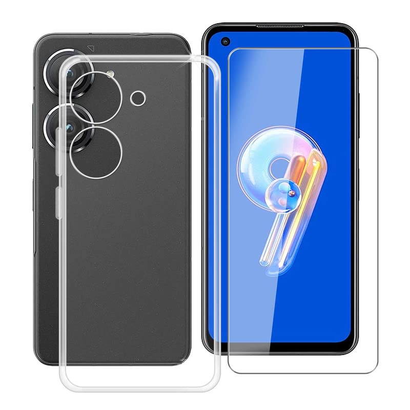 HGJTF Mobile Phone Case for Asus Zenfone 9 (5.9 Inches) + Tempered Glass Film, Ultra Thin Transparent TPU Silicone Bumper Case + Screen Protector for Asus Zenfone 9 - Clear