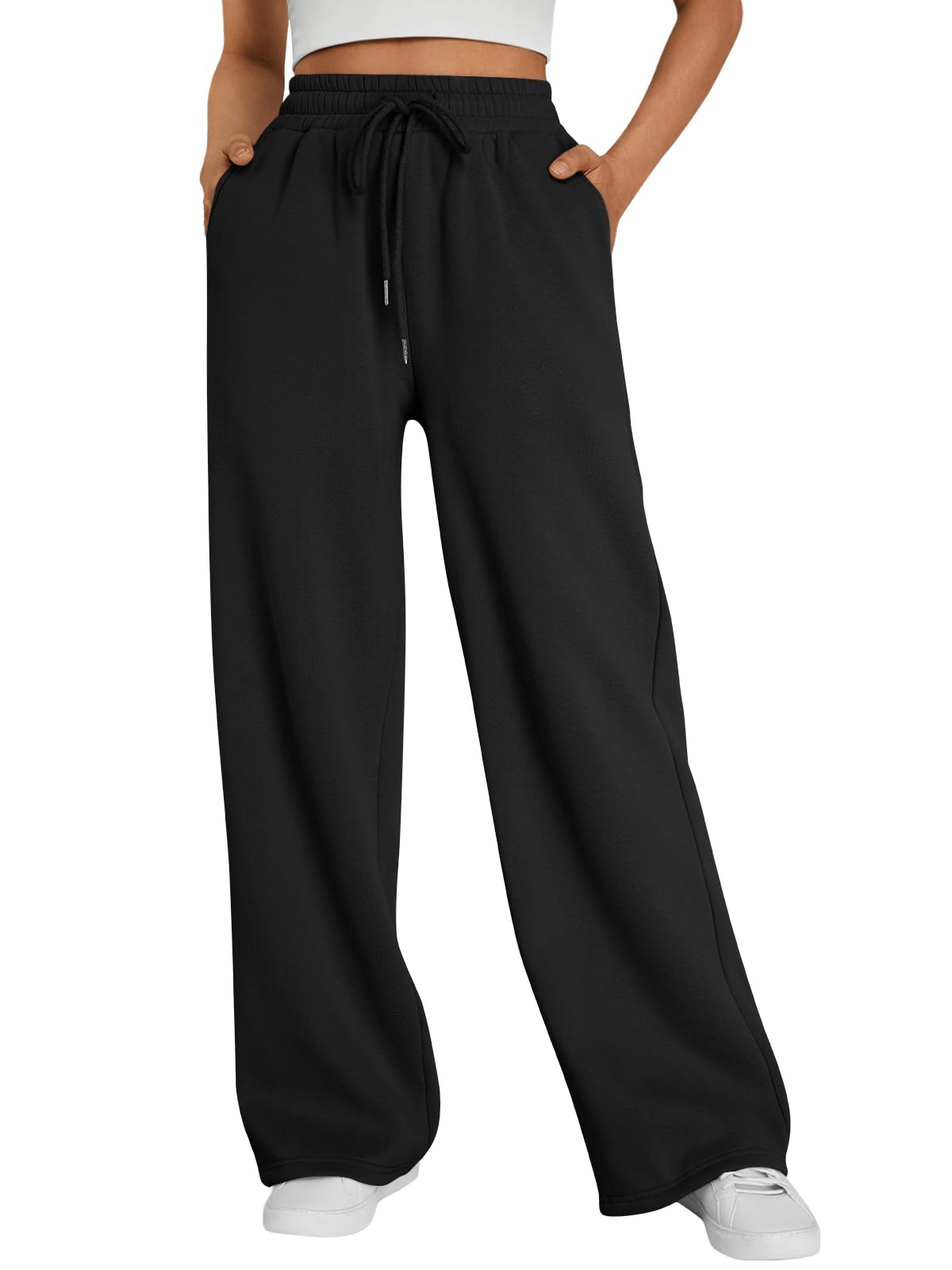Photo 1 of (large) Trendy Queen Womens Wide Leg Fleece Lined Sweatpants Winter Lounge Travel Pants Fall Fashion Outfits 2025 Baggy Joggers Clothes with Pockets Black L