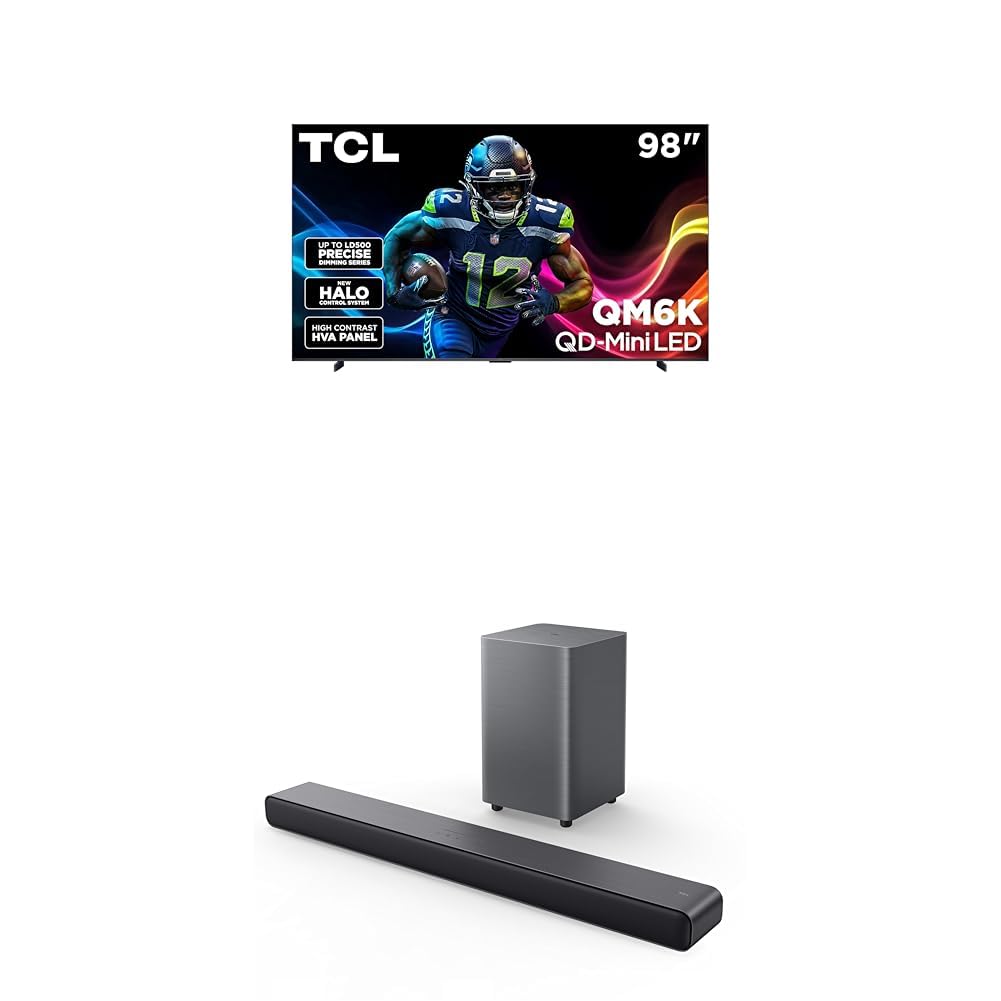 TCL 98-Inch QM6K QLED 4K Smart QD-Mini LED TV with Google TV (98QM6K, 2025 Model) + S55H S Class 2.1 Channel Sound Bar with Dolby Atmos